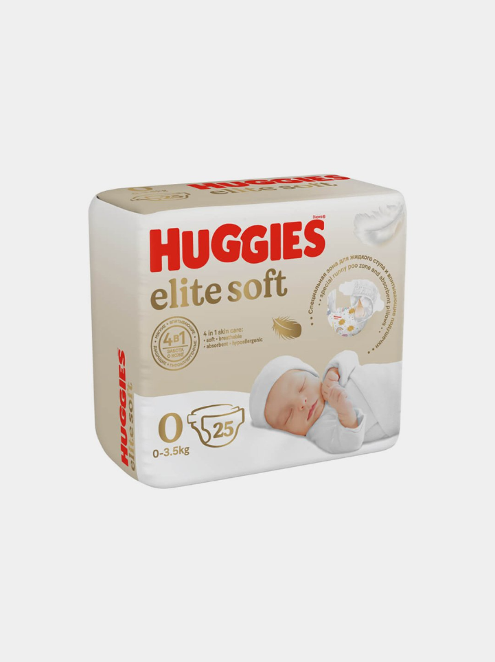 Huggies Elite Soft 0+ (янги туг'илган чакалоклар учун, 3,5 кг гача) – 25 дона х 8 кадок