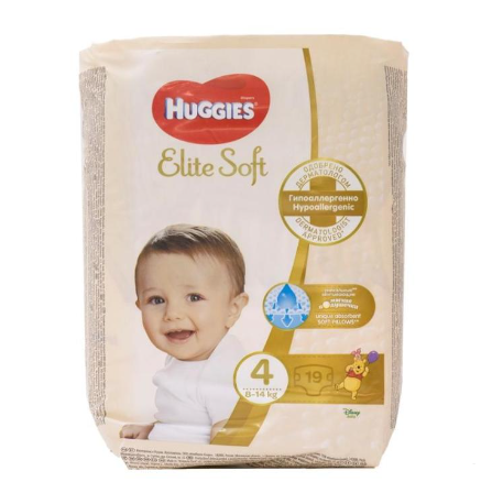 Huggies Elite Soft 4 (8–14 кг) – болалар учун подгузниклар, 19 дона х 8 кадок