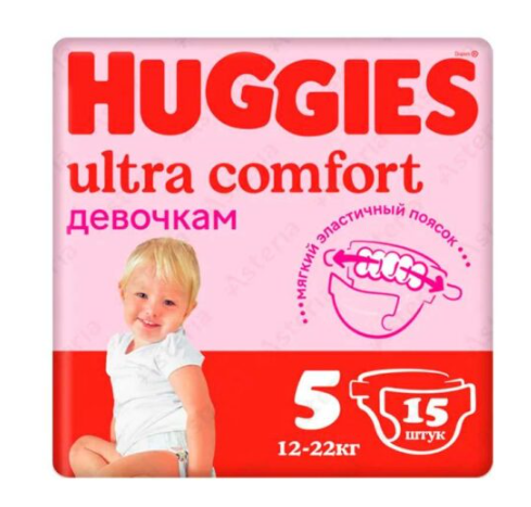 Huggies Ultra Comfort 5 (12–22 кг) – гыз болалар учун подгузниклар, 15 дона х 8 гадок