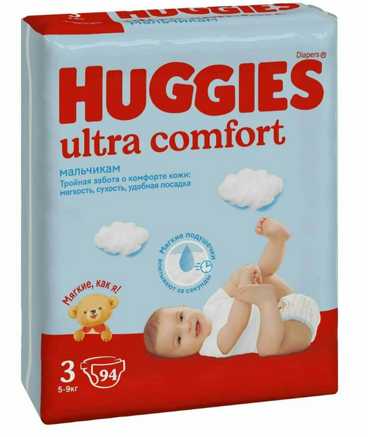 Huggies Ultra Comfort 3 (5–9 kg) – o‘g‘il bolalar uchun podguzniklar, 94 dona x 2 qadoq
