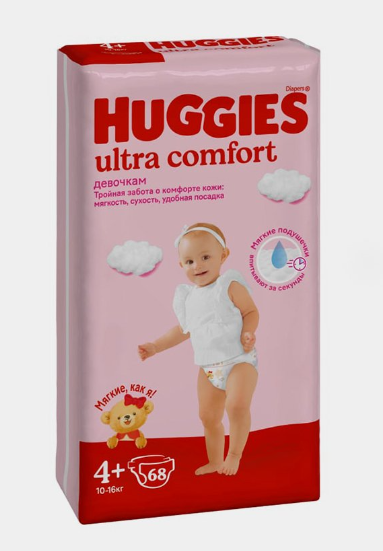 Huggies Ultra Comfort 4+ (10–16 кг) – гыз болалар учун подгузниклар, 68 дона х 2 кадока