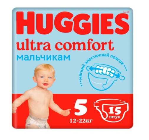 Huggies Ultra Comfort 5 (12–22 kg) – o‘g‘il bolalar uchun podguzniklar, 15 dona x 8 qadoq