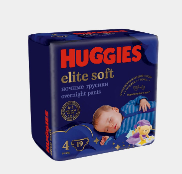 Huggies Elite Soft Тунги труsik podguzniklari 4 (9–14 kg), 19 dona x 4 qadoq